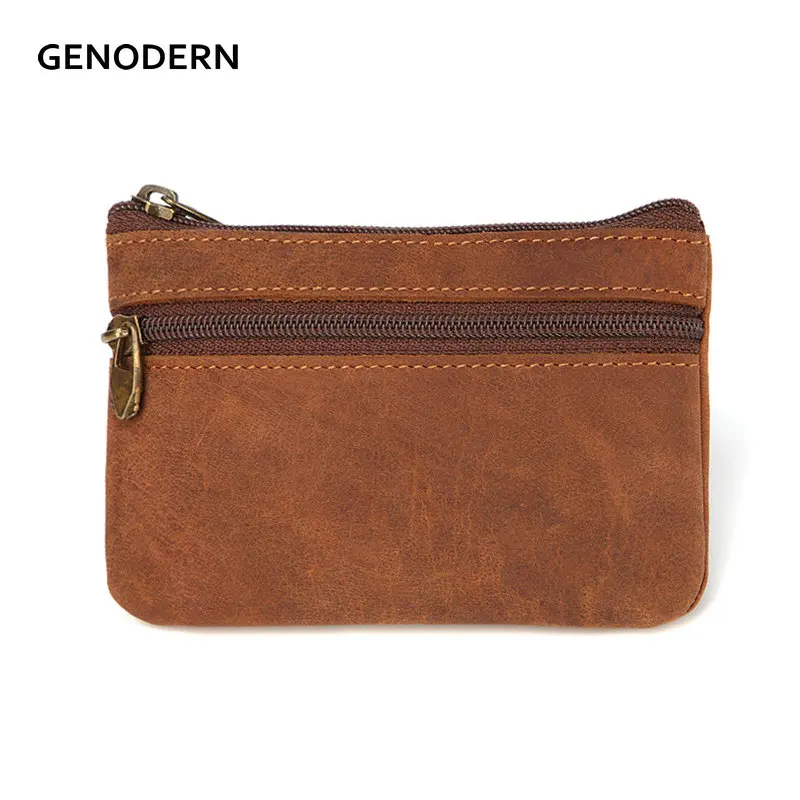 GENODERN Vintage Crazy Horse Leather Men\'s Coin Purse Genuine Leather Zipper Coin Wallet Retro Key Holder Small Money Bag