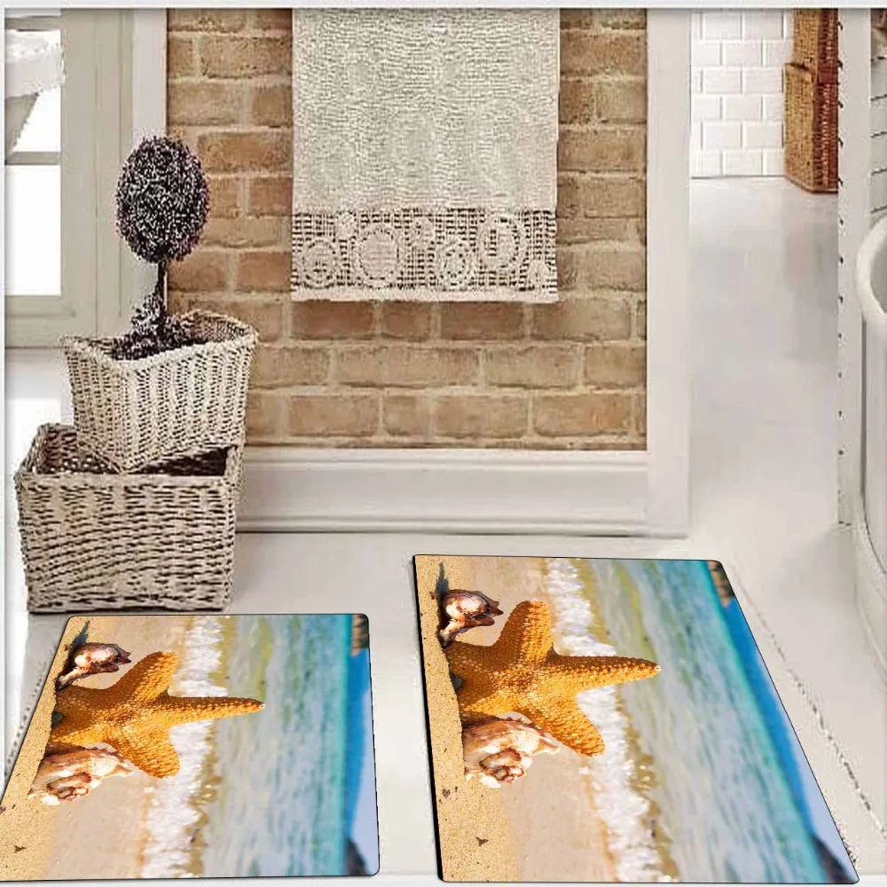 

Else Blue Sea Waves Beach Sand Yellow Stars 2 Pcs 3d Pattern Print Bath Mats Anti Slip Soft Washable Bathroom Mat Toilet Rugs