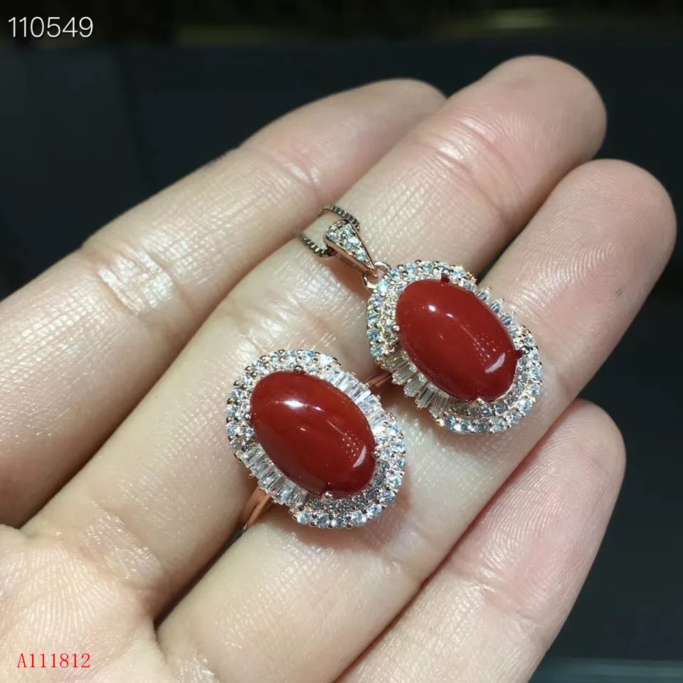 KJJEAXCMY Boutique Jewels 925 sterling silver inlaid Natural Ruby Red Coral Pendant Necklace Ring suit support detection