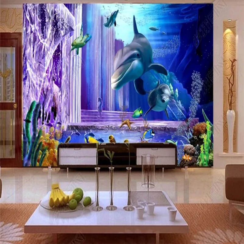 3D underwater world Dolphin TV background wall decorative painting professional production wallpaper mural custom photo wall