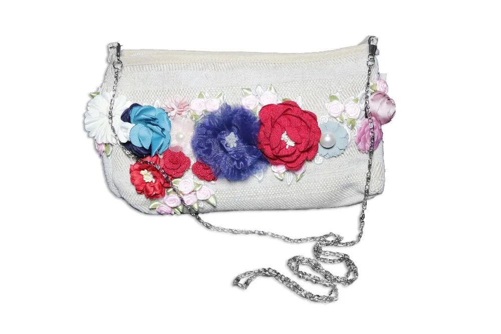 2019 Hand Made New designer women Linen bags female Hand made flowers with Peals 2 in 1 Purse Chain shoulder zipper Cosmetic bag