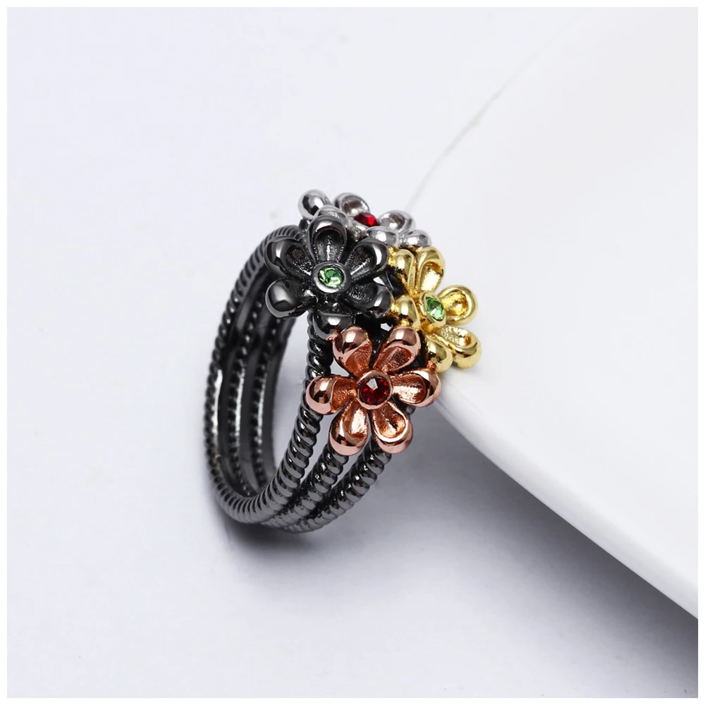 DreamCarnival 1989 New 4 Cute Muti Flowers Neo-Gothic Zirconia Vintage Ring for Women Black Gold Color Wholesales Gifts WA11533