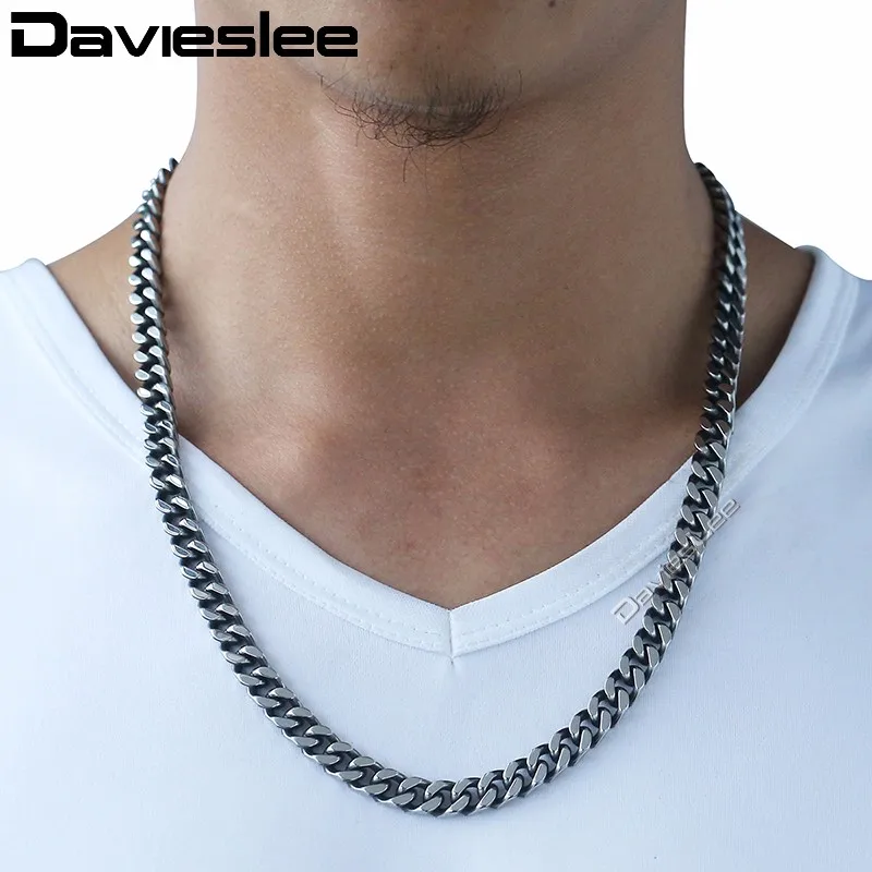 Davieslee Men\'s Necklace Stainless Steel Chain for Men Gunmetal Curb Cuban Link 8/10/12mm DKNM142