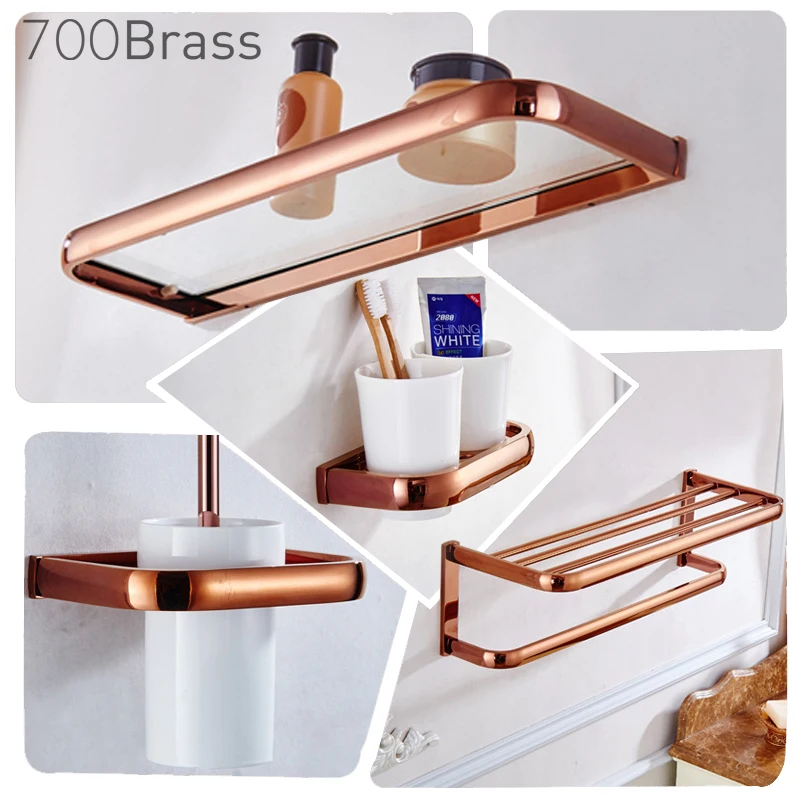 Luxury Rose Gold Bathroom Accessories Brass Wall Mounted Toilet Brush Paper Towel Holder Rack Glass Shelf Bath Hardware Set