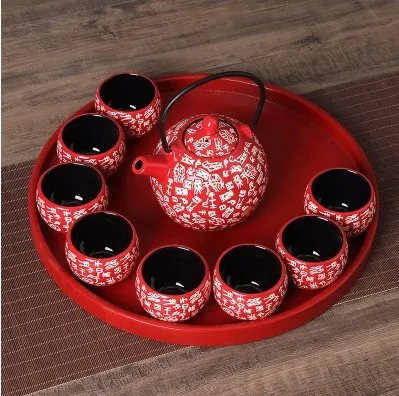 Chinese traditional red ceramic tea set suit creative wedding supplies tea cup pot tray newlywed gift