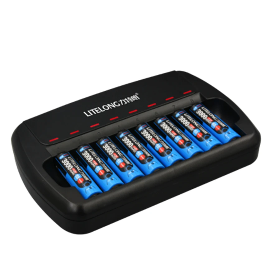 LITELONG 8pcs Large capacity 3000mAh 1.2v AA Ni-MH rechargeable battery + 8 slots universal AA AAA battery smart charger