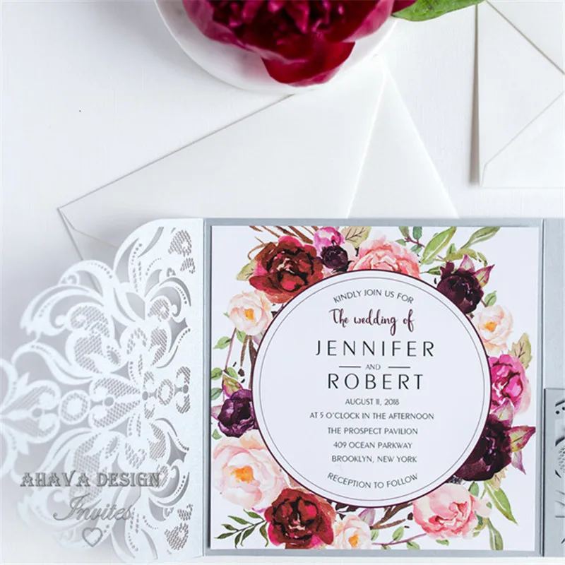 Silver Laser Cut Burgundy Floral Wedding Invitation, 20+ Color Available