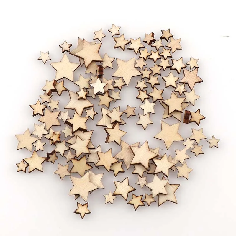 100Pcs DIY Size mixing Pentagram wood chips decorative Embellishments Crafts Scrapbooking Supplies Hand-made Graffiti Buttons