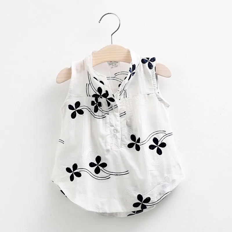 2024 Summer 2 3 4 5 6 8 10 Years Children White Flower Full Print Cotton Mandarin Collar Sleeveless Baby Kids Girl Blouse Shirt