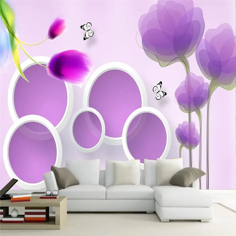 3D Vector Purple Tulips Trees Circle Background Wall Professional Production Wallpaper Mural Custom Home Wall