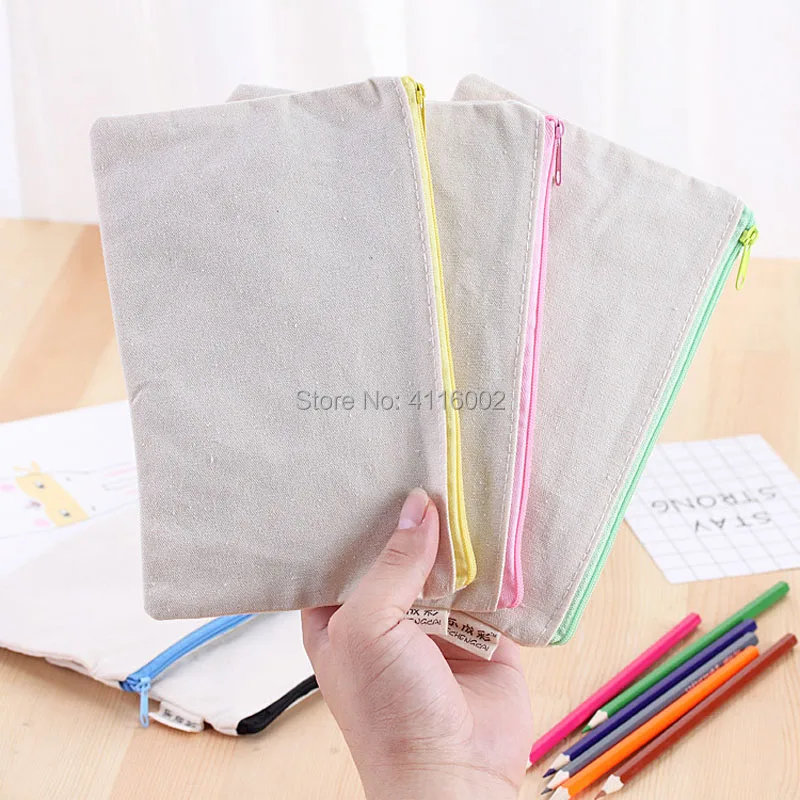 20.5*13cm Blank Canvas Zipper Pencil Cases Pen Pouches Cotton Cosmetic Bags Makeup Bags Mobile Phone Clutch Bag Organizer