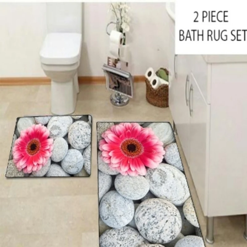 

Else Big Pink Flowers on Gray Pebble Stones 2 Pcs 3d Pattern Print Bath Mats Anti Slip Soft Washable Bathroom Mat Toilet Rugs