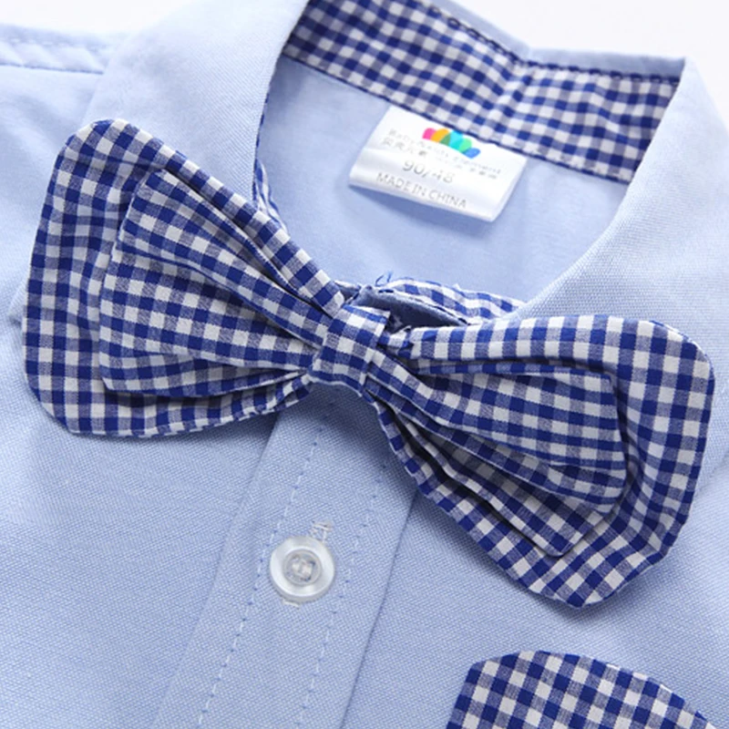 2024 Summer 2 3 4 5 6 8 10 Years Children\'S Birthday Party Clothing Cotton Short Sleeve Plaid Kids Handsome Boy Bow Tie Shirt