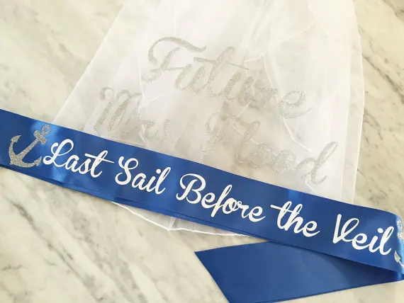 customize Last Sail Before the Veil glitter wedding sash and veil set, bachelorette party sash veil sets, satin future mrs veil