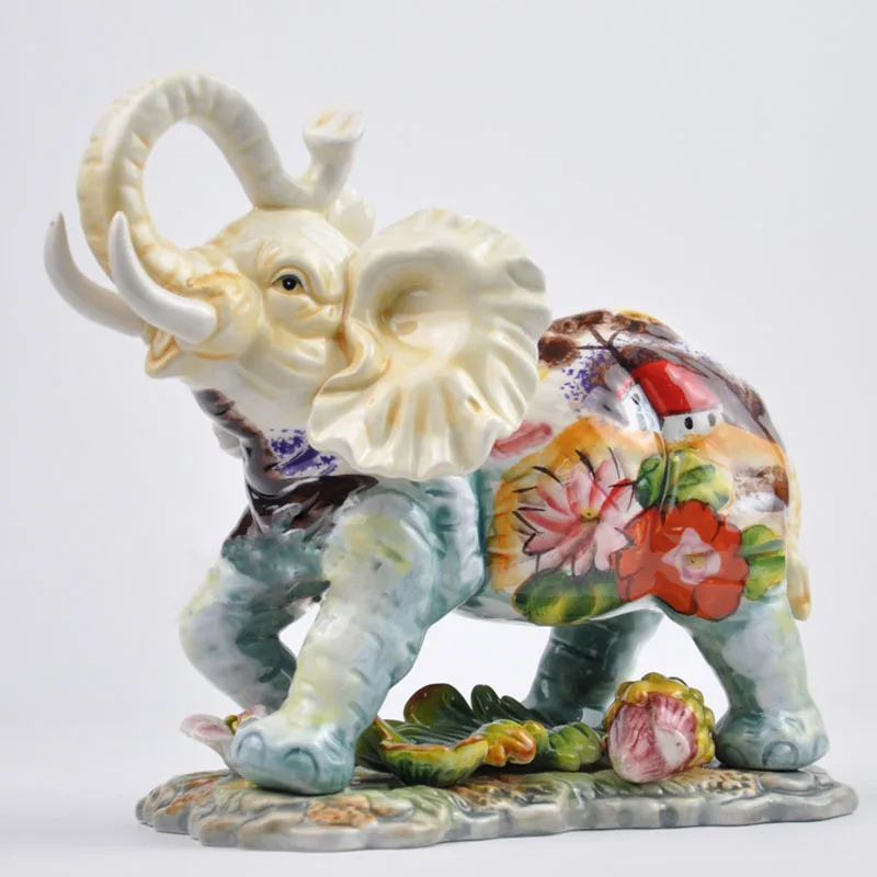 

European style hand painted water lily ceramic elephant crafts handicraft ornament porcelain figurines