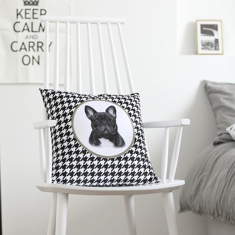 New Black French Bull Terrier Velvet Throw Pillow Case Nordic Bull Terrier Dog Houndstooth Cushion Cover Classic Square Decor