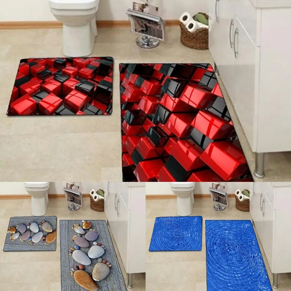 

Else Red Black Boxes Blue Waters Gray Stones 3d Print Non Slip Microfiber 2 piece Bath Mat set for Bathroom 90x60cm 50x60cm