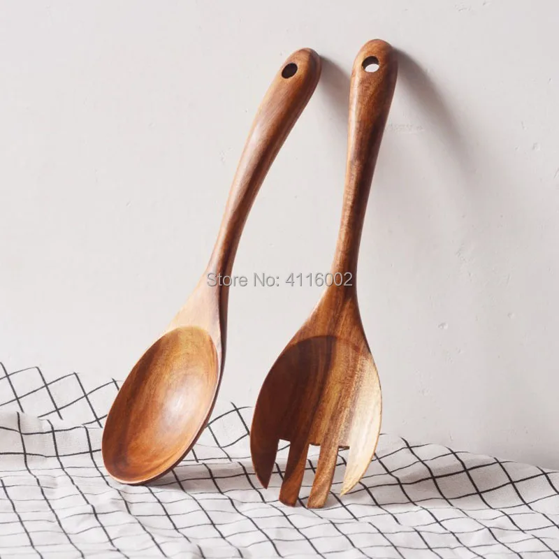 30 Sets Wooden Serving Spoons Rice Scoop Salad Mixing Spoon Large Wood Kitchen Spoon Fork Cutlery Set Cooking Utensils