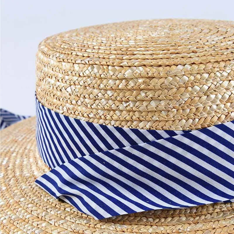 2019 New Women Wide Brim Wheat Straw Hats Summer Beach Sun Hat with Navy Blue Striped Ribbon Tie Boater Hat Vocation Derby Cap