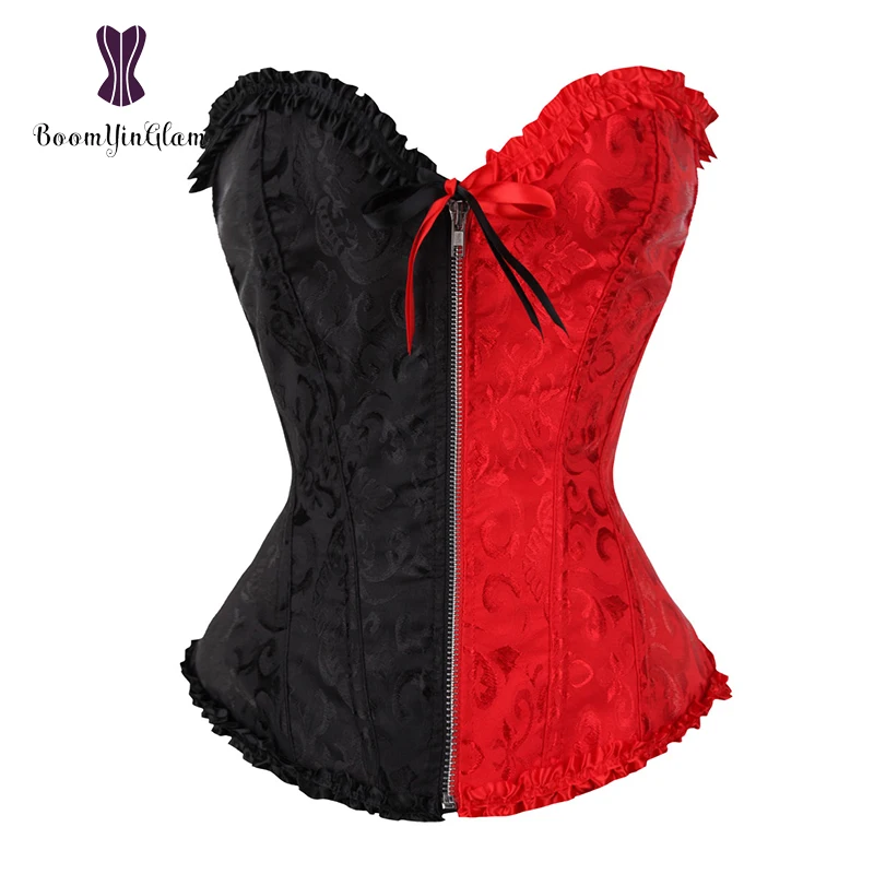 Front Zip Slimming Waist Shaper Lace Up Women Bustier Plus Size Body Shapewear Pleated Boned Corset Overbust With G String 819#