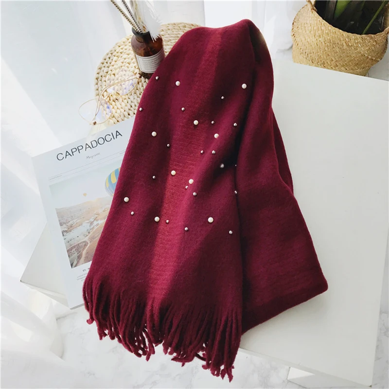 Luna&Dolphin Women Winter Scaves Warm Knitted White Pearl Nail Bead Soft Scarves Tassel Woolen Big Tippet Pashmina Blanket Shawl