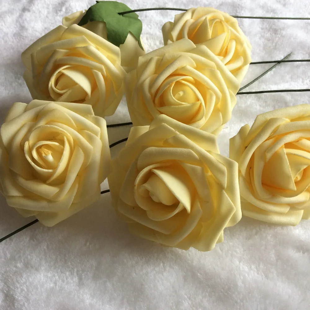 Pastel Yellow Brides Bouquet Flowers Light Yellow Roses Artificial Bulk Wholesale 100 PCS For Wedding Center Pieces LNRS011