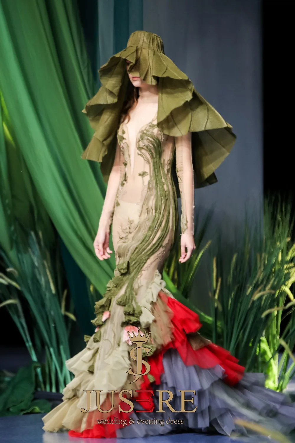 JUSERE-Vestido largo de fiesta con bordado de flores, traje de fiesta de sirena verde, Apliques de encaje