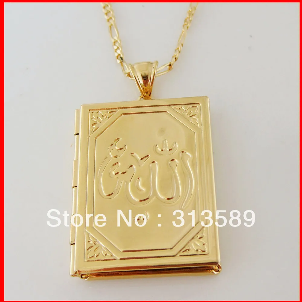 YELLOW GOLD PLATED 24INCH FIGARO CHAIN NECKLACE MUSLIM ALLAH GOD OPENABLE PENDANT CAN PUT PICTURE GREAT GIFT