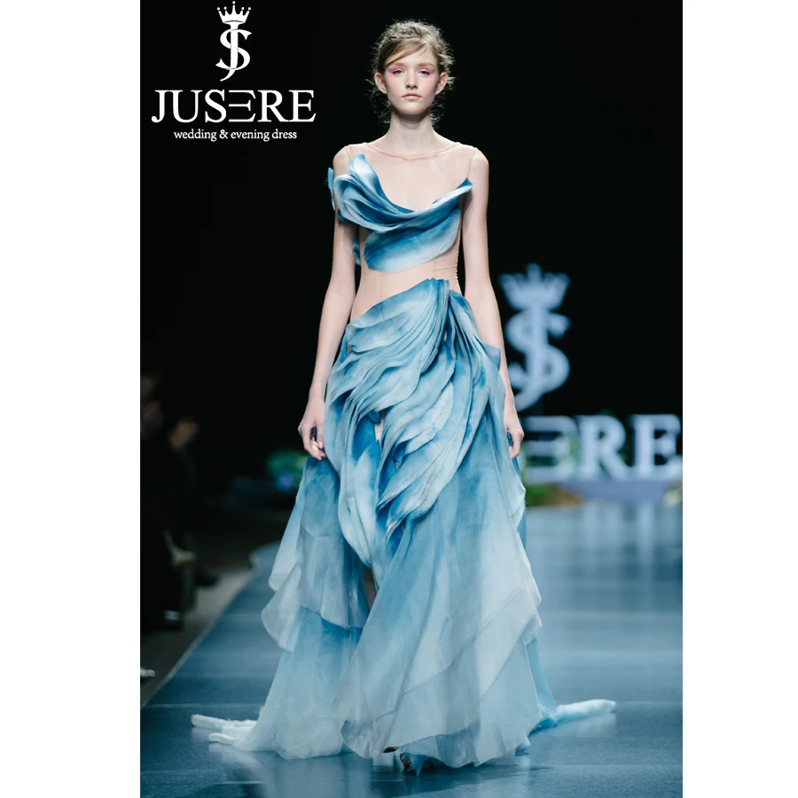 

JUSERE FASHION SHOW Blue Mermaid Evening Dress See Through Sleeveless Floor Length Formal Gowns Vestido de festa longo