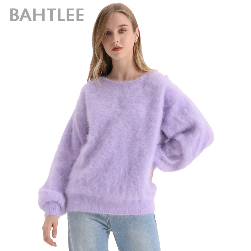 BAHTLEE-Women\'s Angora Rabbit Knitted Pullovers, Sweater, Lantern Sleeve, Wool, Thick, Keep Warm, O-NECK, Autumn, Winter