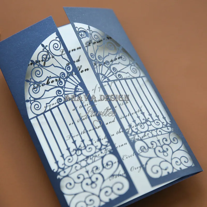 

Modern Navy Blue Gate Folded Laser Cut Wedding Invitations