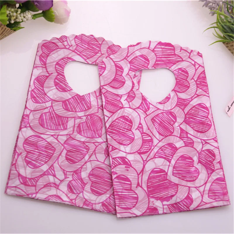 Hot Sale New Style Wholesale 50pcs/lot 9*15cm Hot Pink Lovely Heart Mini Plastic Jewelry Packaging Bags Small Gift Pouches