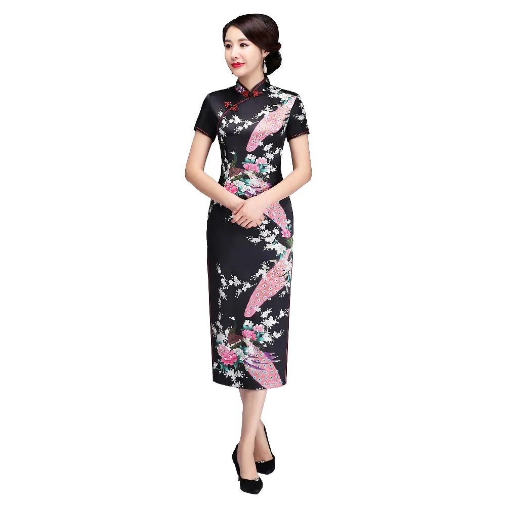 

Shanghai Story Short Sleeve Peacock Qipao Long Cheongsam Dress peafowl Chinese Traditional Dresses for Women 8 Color