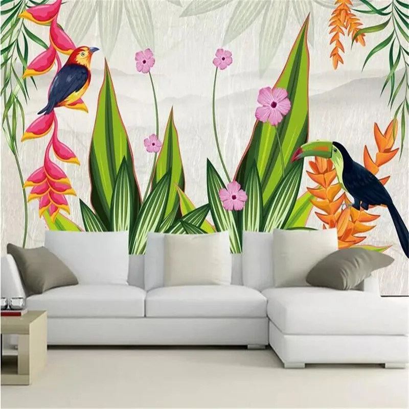 

Small fresh Scandinavian decorative painting pen flower bird TV background wall manufacturers wholesale wallpaper mural custom p