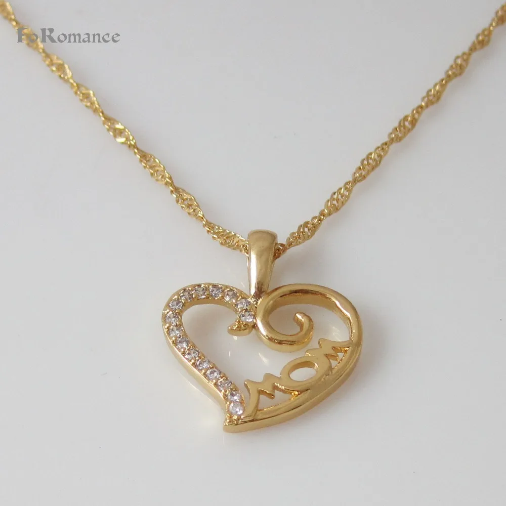 7 DESIGNS YELLOW GOLD PLATED 18INCH WATER WAVE CHAIN MOM WORD PENDANT CZ STONES HEART SHAPED NECKLACE/Great Gift