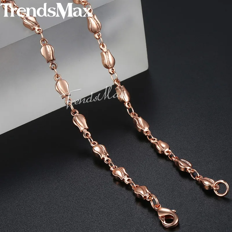 4mm Neckalce For Women Girls 585 Rose Gold Color Bud Link Chain Necklace Woman Fashion Jewelry Valentines Gifts 45cm 50cm 55cm