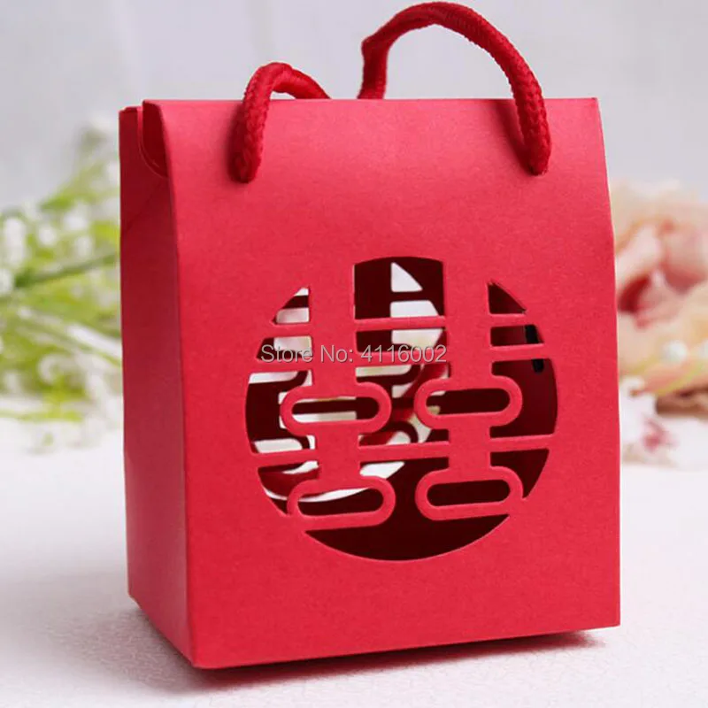 200pcs/lot Chinese Traditional Red Double Happiness Wedding Gift Paper Bag With Handle Package Candy Box