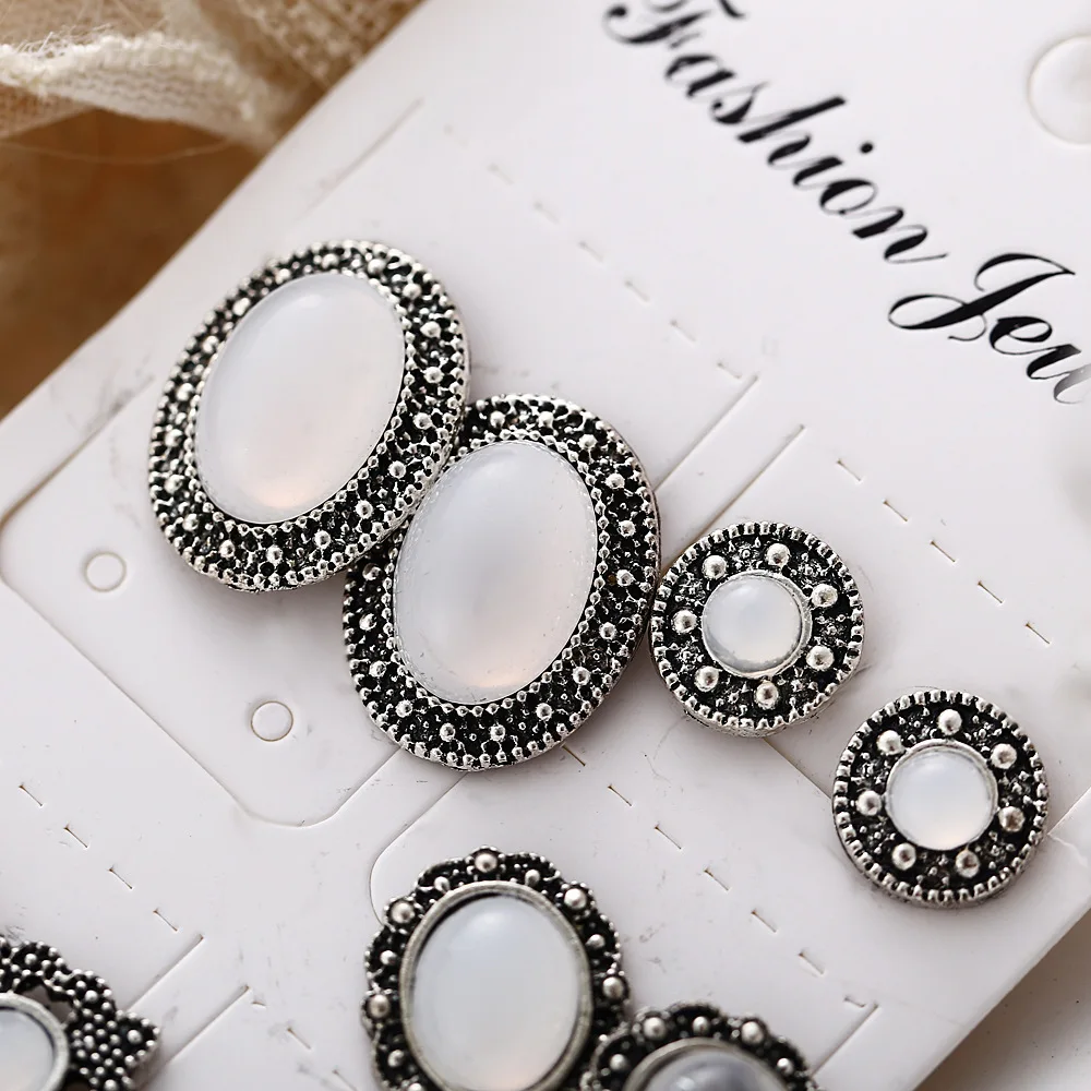 Bls-miracle Vintage Water Crystal Earrings Set Woman Black Stone Antique Silver Color Geometric Round Stud Earring Gift Jewelry