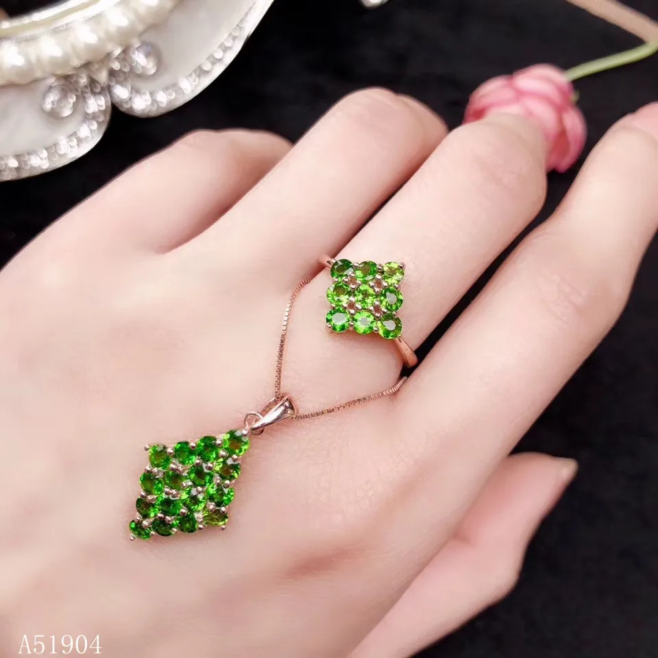 

KJJEAXCMY boutique jewelry 925 sterling silver inlaid natural diopside gemstone female ring necklace pendant set support detect