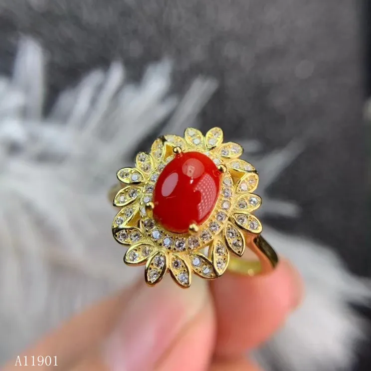 

KJJEAXCMY Boutique Jewelry 925 Silver-inlaid Natural Red Coral Ruby Girl Ring Support Detection