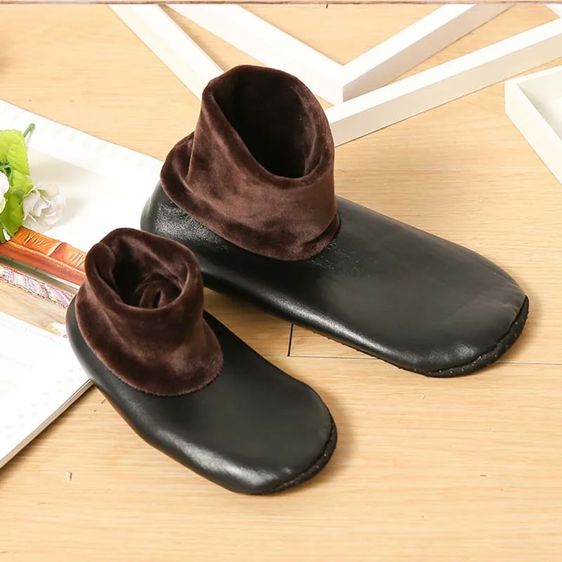 Yeamolly 1 Pair Women Thickened Non-Slip Black PU Leather Socks Ladies Home Room Fashion Soft Warm Ankle Floor Socks For Adult