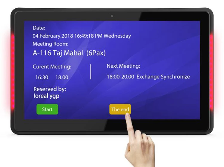 13,3 zoll open quelle konferenz tagungsraum zeitplan display mit LED bar (Android OSD 8.1, RK3288, wifi, ethernet mit PoE)