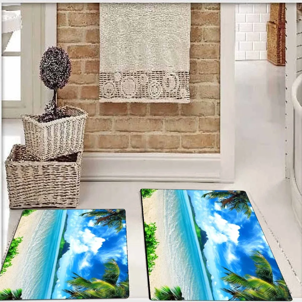 

Else Green Palm Trees Blue Sea Island Beach 2 Pcs 3d Pattern Print Bath Mats Anti Slip Soft Washable Bathroom Mat Toilet Rugs