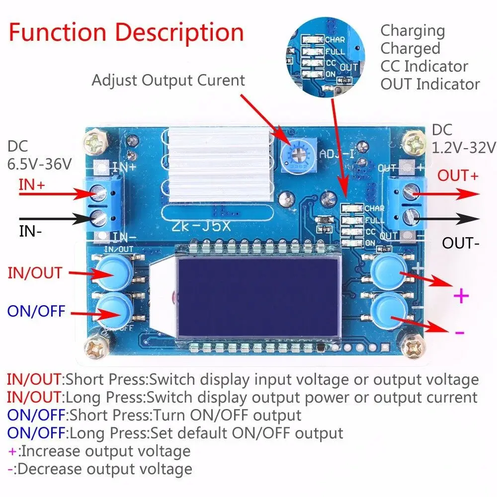 Regulowany moduł zasilania DC Step Down Power LCD Buck Adapter Converter |   wejście DC 6.5-36v |   Wyjście 1,2 V -32 V |