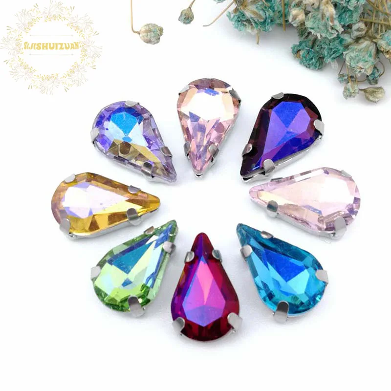 Glass Crystal Sew On Rhinestones with Claw Dazzle AB Color Water Narrow Teardrop Shape DIY Clothing Accessories 20 Pcs Pack