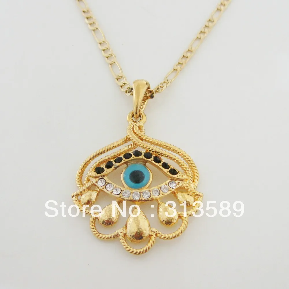 4 DESIGNS YELLOW GOLD PLATED 60CM FIGARO CHAIN EVIL EYE CZ STONES PENDANT DIFFERENT DESIGNS AVAILABLE Great Gift
