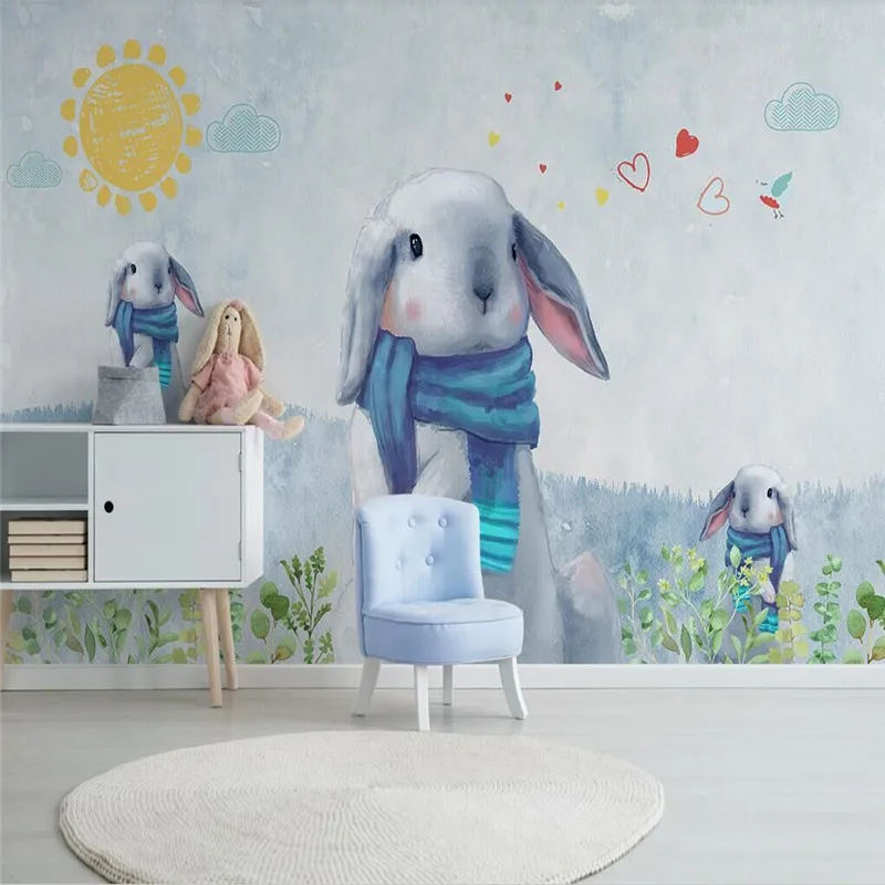 Nordic modern minimalist hand-painted cute rabbit children's room wall professional production wallpaper mural custom photo wall