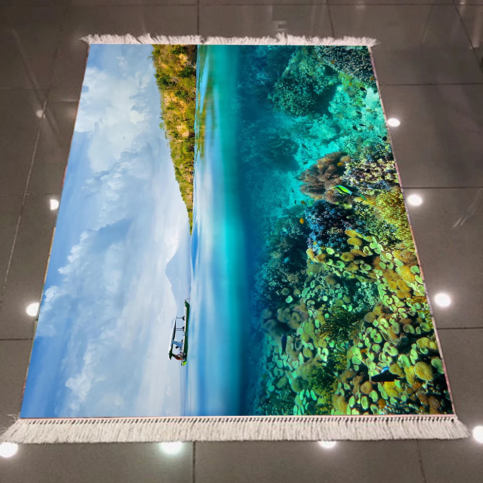 Else Blue Sky Green Forest Blue Sea Landscape Views 3d Print Microfiber Anti Slip Back Washable Decorative Kilim Area Rug Carpet