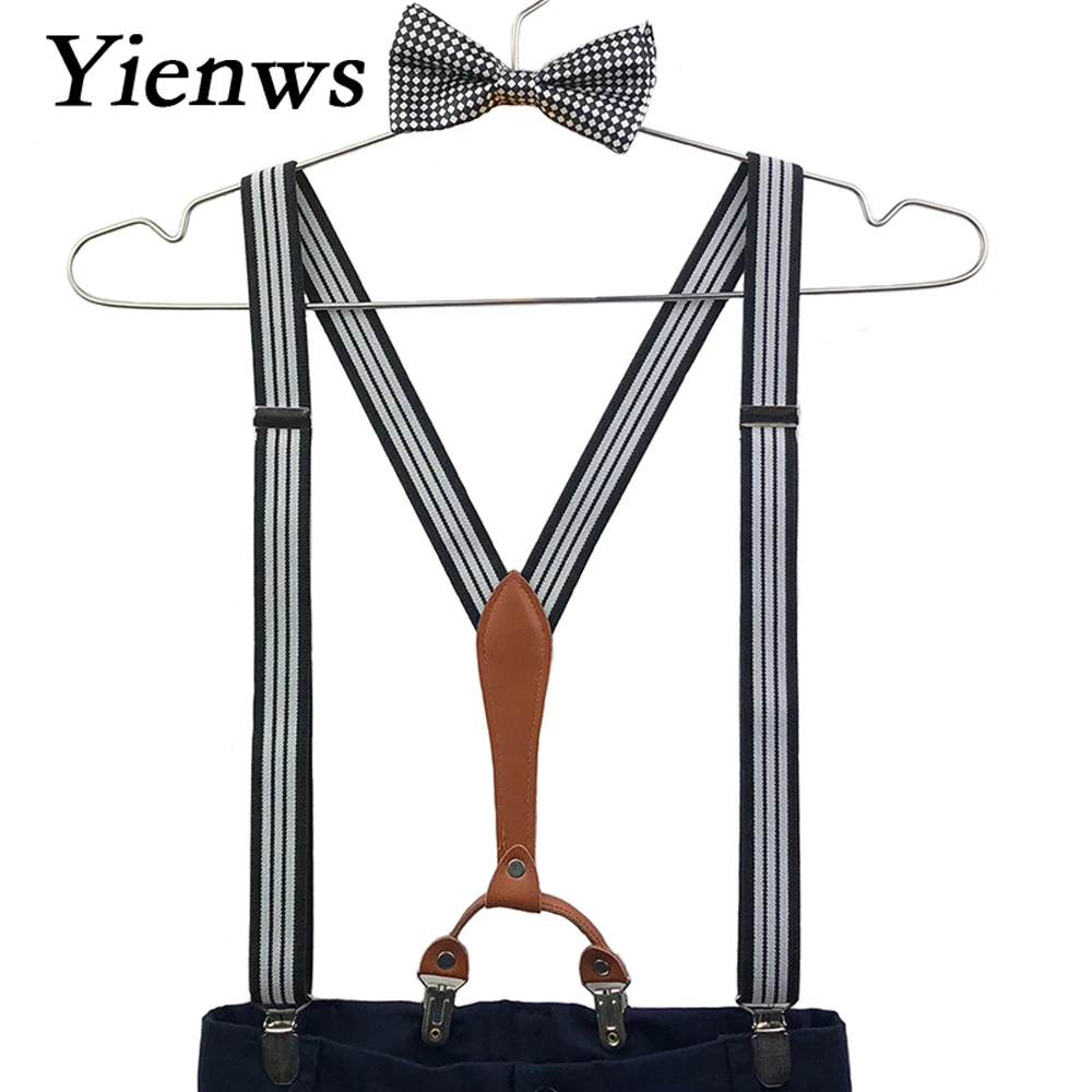 Yienws Lederen Suspensorio Man Strikje Bretels voor Mannen Gestreepte Ligas Breteles Mens Bowtie Braces voor Broek 115 cm YiA074