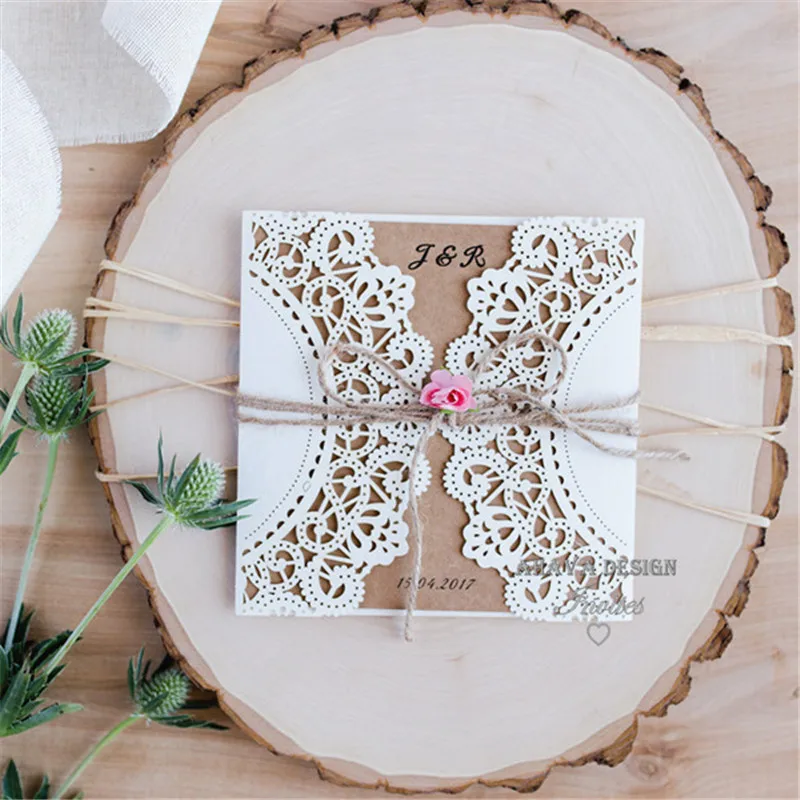 

Country White Paper Flower Rustic Laser Cut Wedding Invitations